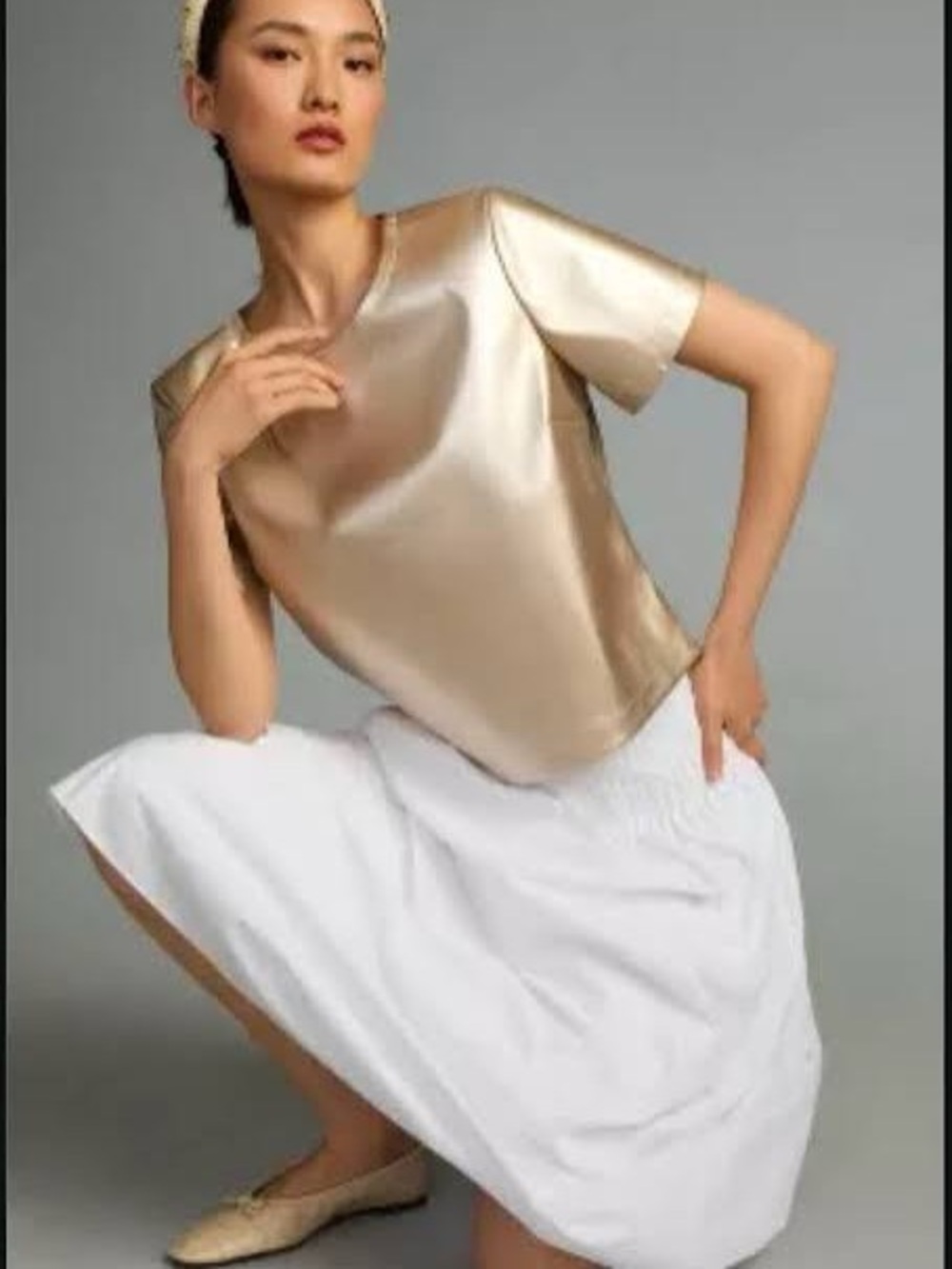 Anthropologie Metallic Champagne Short Sleeve Top